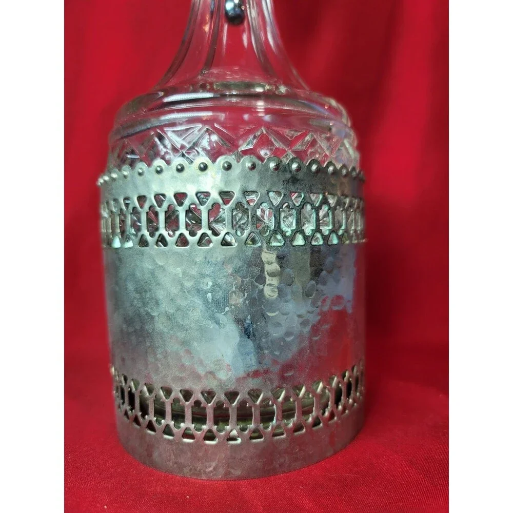 Silver Plated Caddy Bottle Hand Hammered VTG 11'' Crystal Decanter Liquor